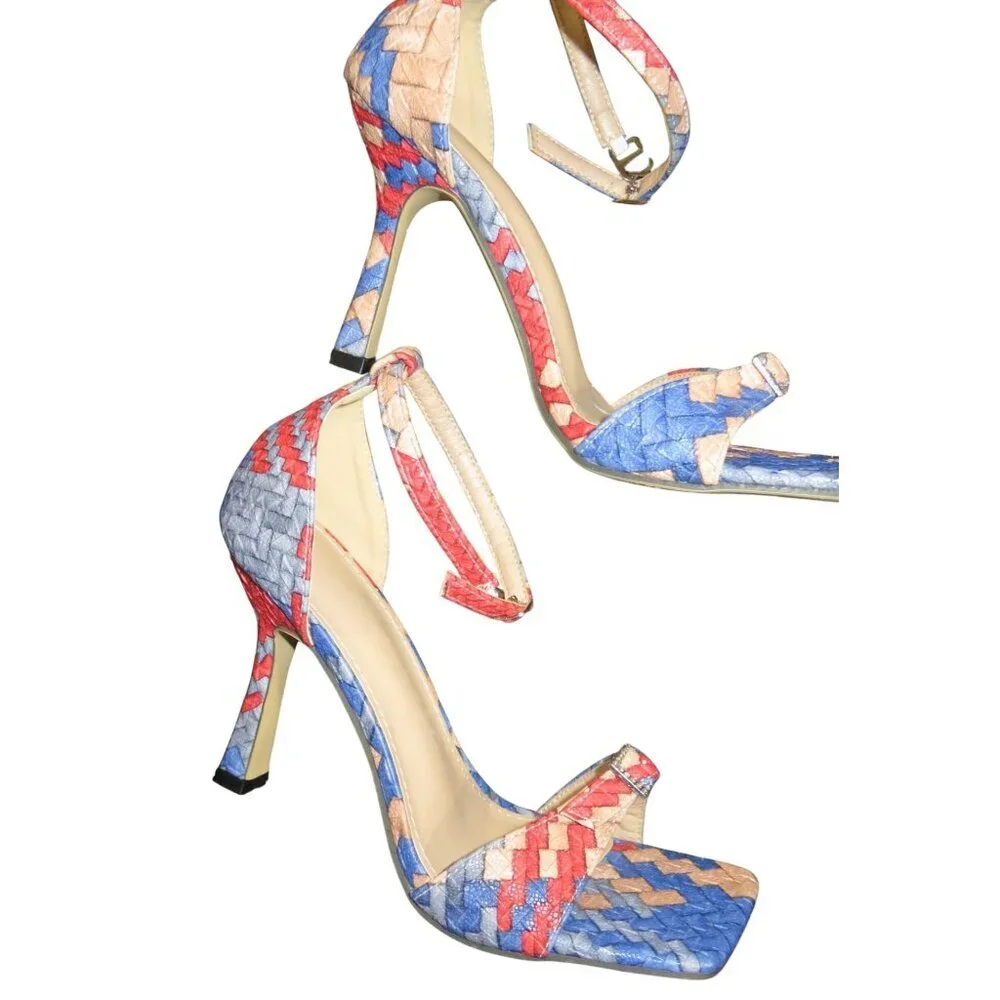 JUSTFAB Braided Vegan Leather Ankle Strap Stiletto Heeled Sandals size 38 US 8